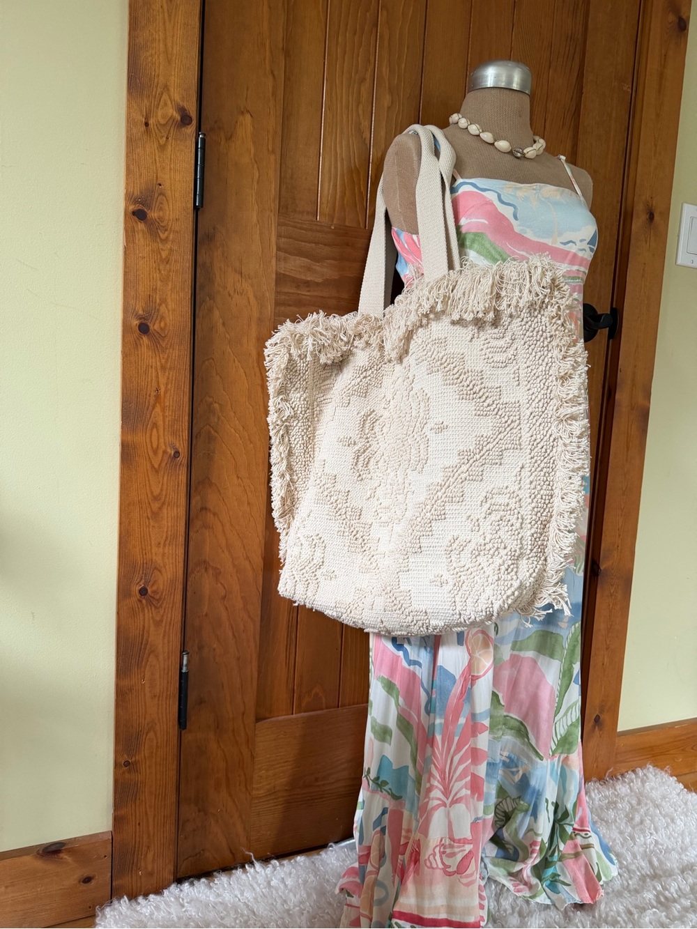 Unique Cream Fringe Textured Tote Bag - Women Bags. Holds Towels, Clothing, etc.